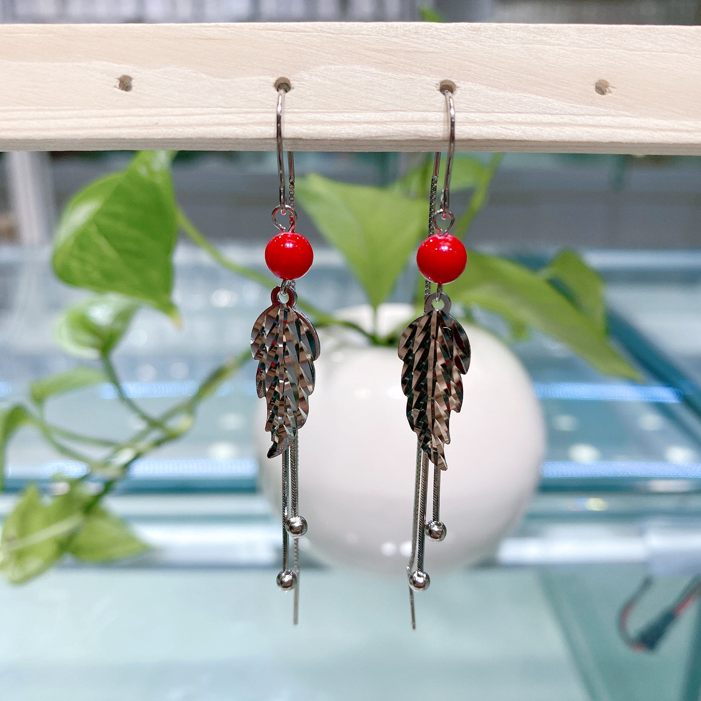 Sterling Silver Long Red Bead Small Leaf Anti Lost Earrings