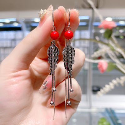 Sterling Silver Long Red Bead Small Leaf Anti Lost Earrings