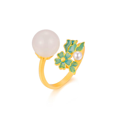 Sterling Silver Flower Jade and Pearl Ring